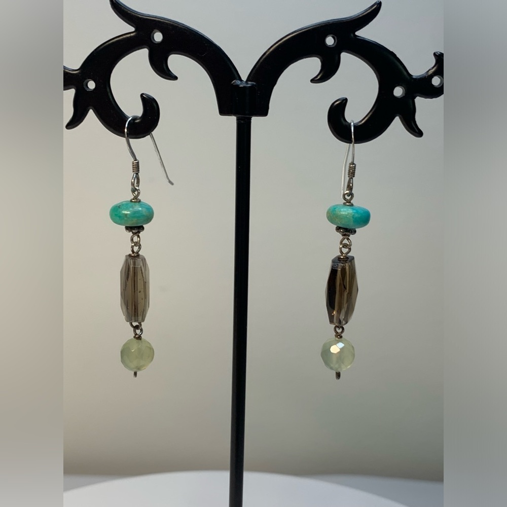 Vintage Sterling Silver Turquoise, Peridot & Smoky Quartz Dangle Earrings